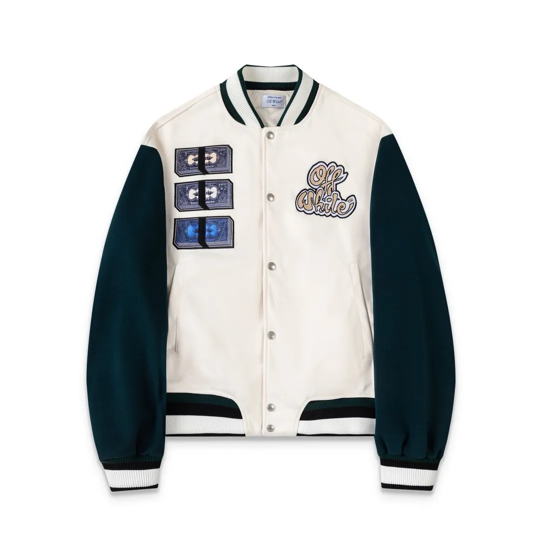 S65#P616, offwhite heavy-duty embroidered baseball jacket. The body is made of woolen fabric. Couple's jacket. Black size: S M L XL